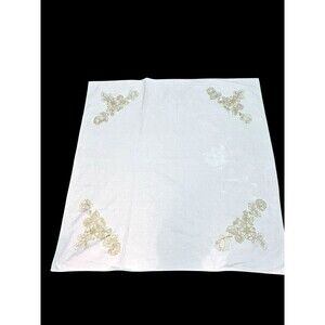 Longaberger fabric table cloth square Flax natural with embroidery 48"X48"